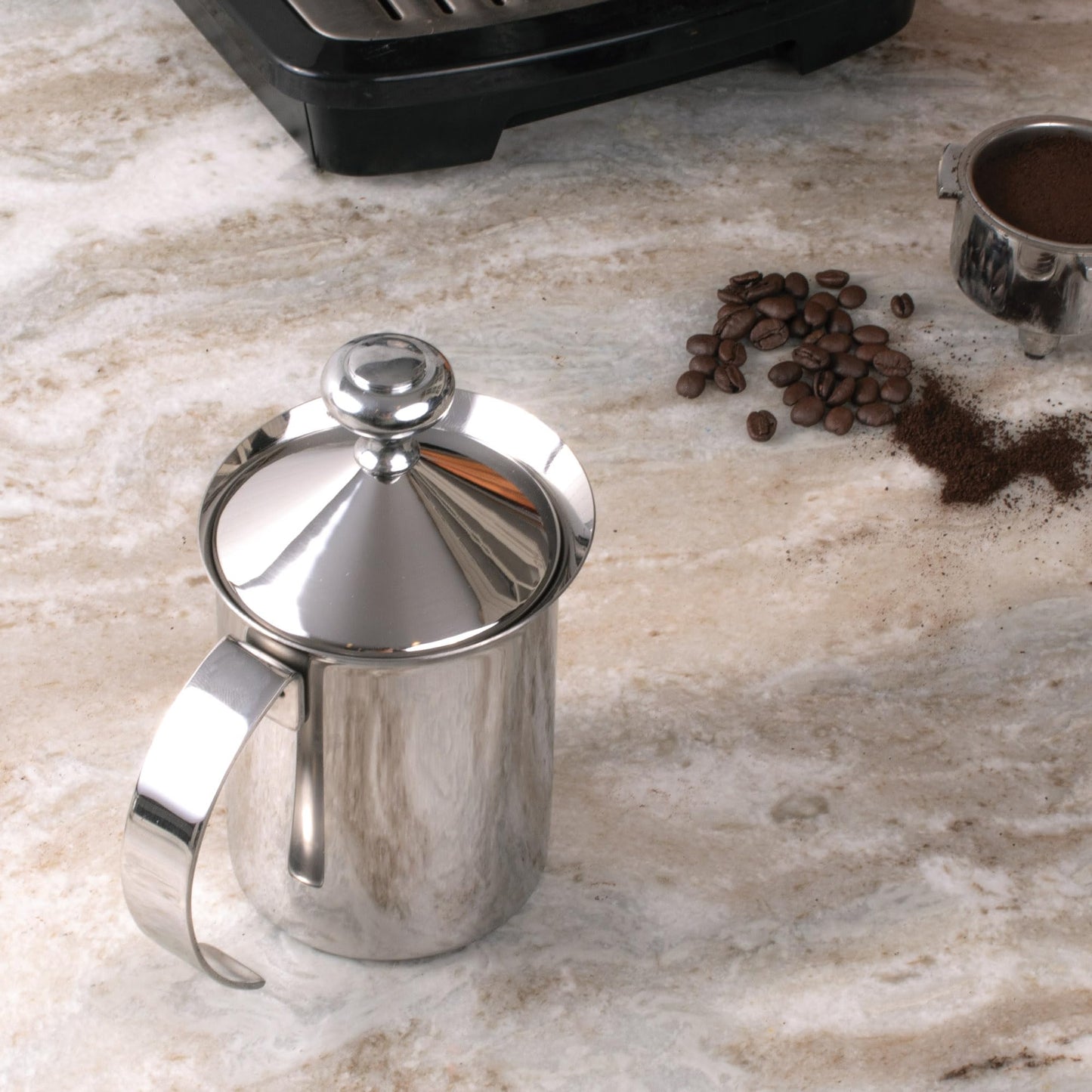 Fino Milk Creamer Frother Cappuccino Foam Pitcher with Handle and Lid, 18/8 Stainless Steel, 14-Ounce Capacity