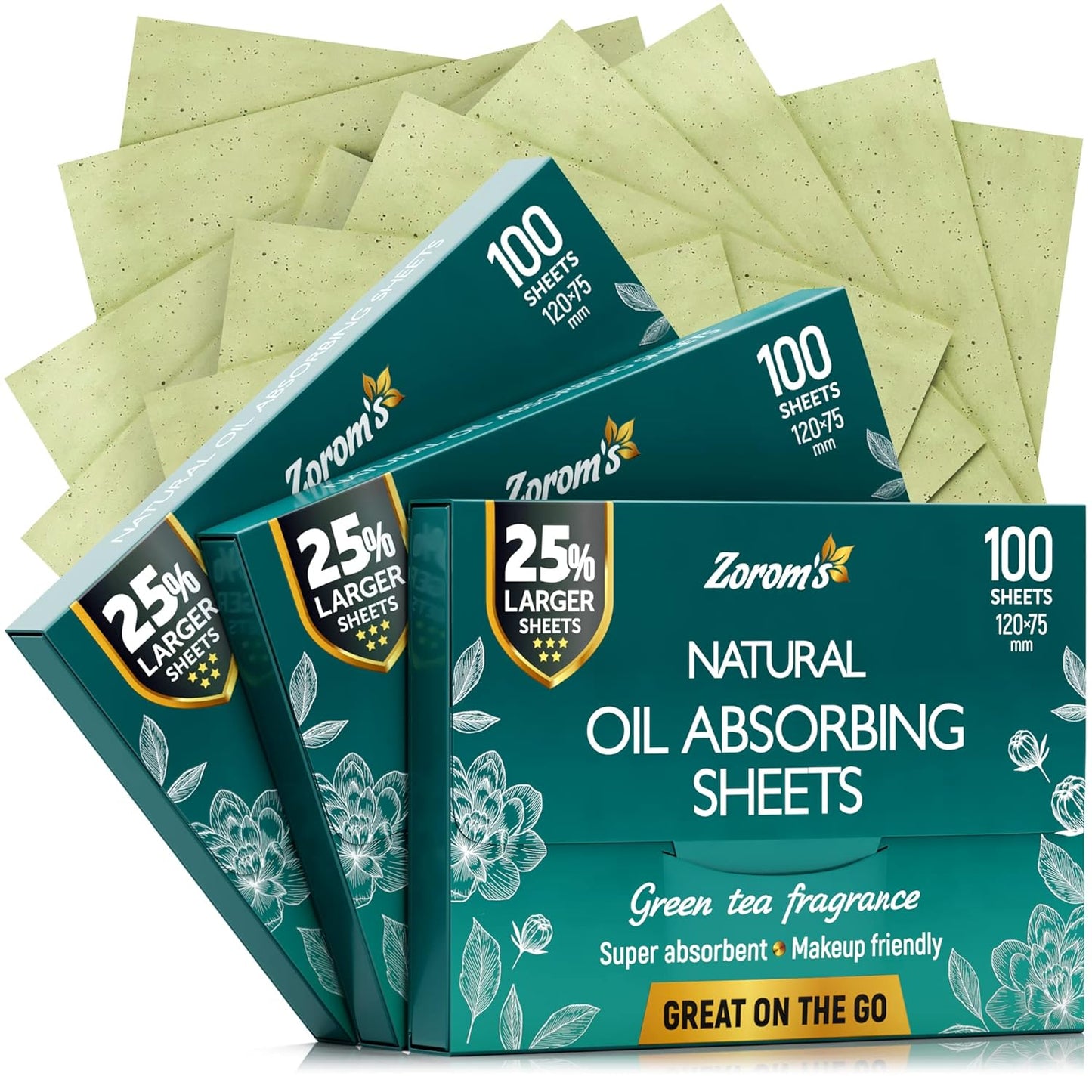 Natural Green Tea Oil Blotting Sheets for Face - 25% Larger Sheets (4.7x3â) - 300 Makeup Friendly Blotting Papers for Face - Easy Dispensing Oil Absorbing Sheets for Face