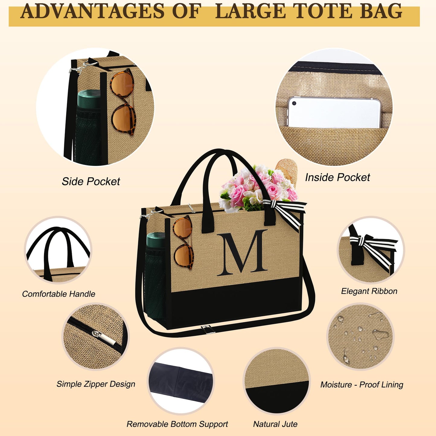 YOOLIFE Birthday Gifts for Women, Personalized 30th 40th 50th 60th 70th Birthday Gifts for Her Grandma Mom Teacher Girlfriend Sister Daughter in Law Unique Gift for Women Initial Monogram Tote J