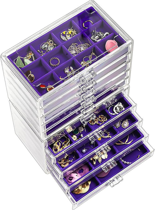 ProCase Earring Holder Organizer Jewelry Box with 10 Drawers, Acrylic Clear Earring Case with Adjustable Velvet Trays for Women - Purple,10 Layers