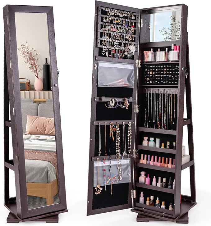CHARMAID 360Â° Swivel Jewelry Armoire with Full Length Mirror, Standing Lockable Jewelry Cabinet Organizer, Large Storage Capacity, Inside Makeup Mirror, Back Storage Shelves (Espresso)