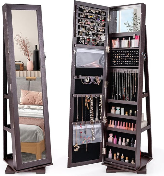 CHARMAID 360Â° Swivel Jewelry Armoire with Full Length Mirror, Standing Lockable Jewelry Cabinet Organizer, Large Storage Capacity, Inside Makeup Mirror, Back Storage Shelves (Espresso)
