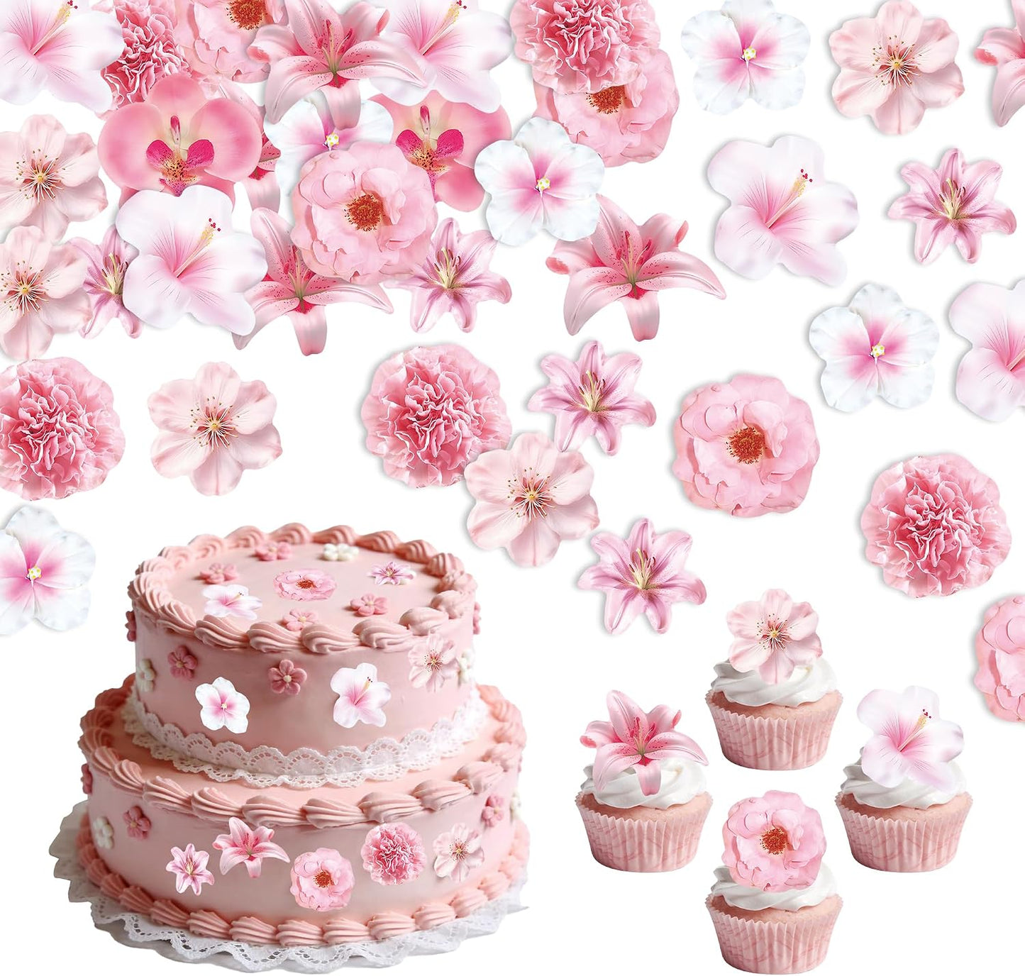 72 PCS Edible Flowers Cupcake Toppers Wafer Paper Flower Birthday Party for Baby Shower Wedding Birthday Party Cake Food Decorations Supplies