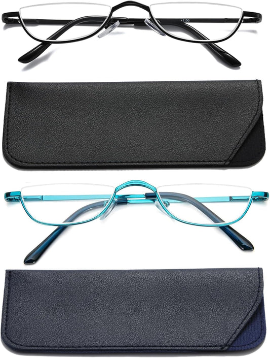 Viseng Half Frame Reading Glasses for Women Men Slim Half Moon Lens Readers Metal Semi Rimless eyewear Blue+Black+1.5