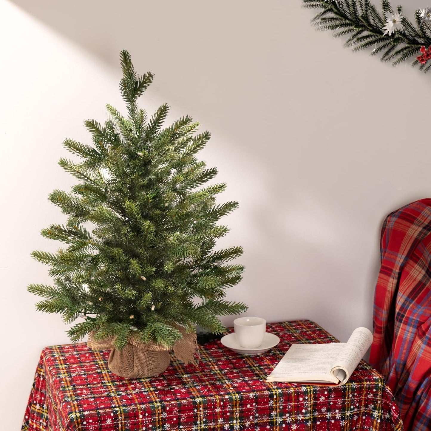Mini Christmas Trees 24" with 25 LED Lights, 2 ft Decorated Burlap Artificial Tabletop Christmas Trees Home Party Decoration for Kitchen Dining Room Window