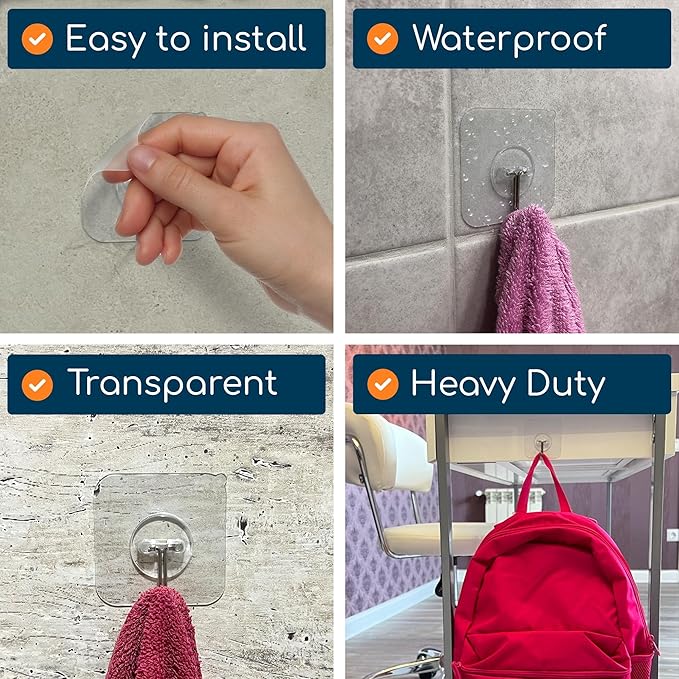GLUIT Adhesive Wall Hooks for Hanging Heavy Duty 22 lbs Hooks for Walls No Damage, Towel Sticky Clear Hook, Waterproof, Home, Bathroom, Kitchen, Office, and Outdoor 10 Pack