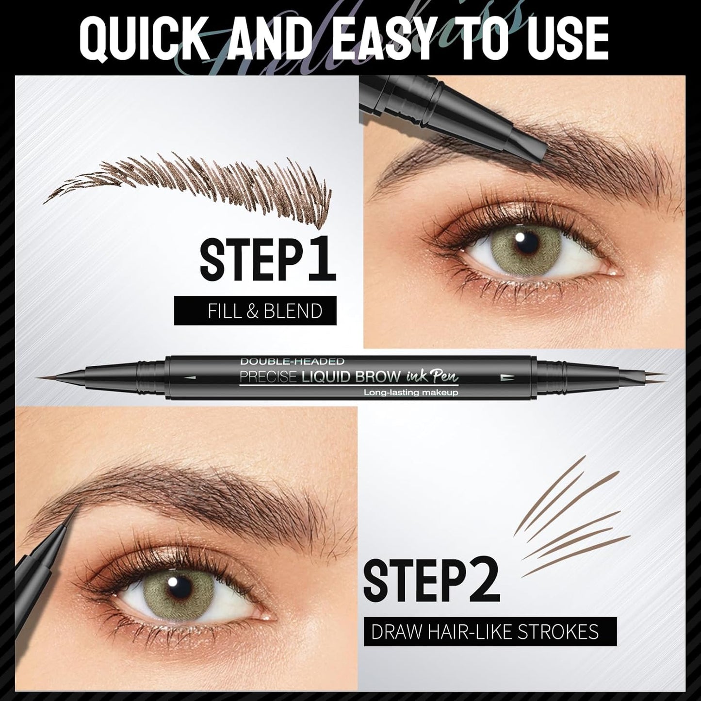 Microblading Eyebrow Pen, Curved Eyebrow Pencil 2-in-1 Dual-Ended Eyebrow Pencil 2-Fork-Tip and Single Tip Creates Natural Eyebrows Waterproof Long-lasting(Black)