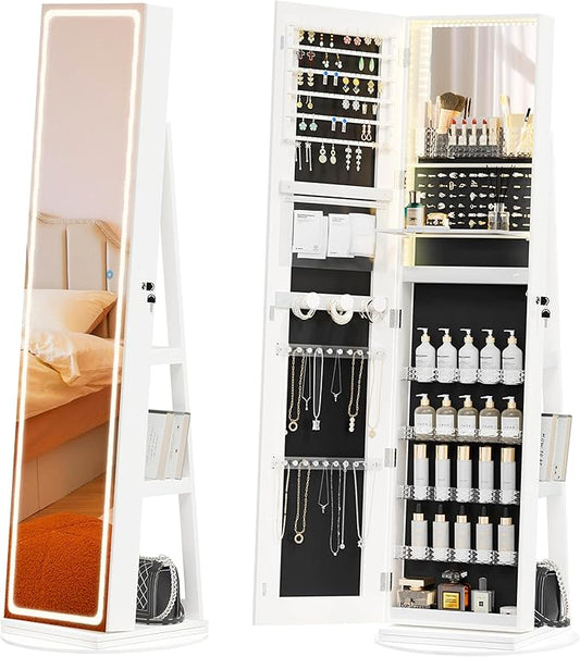 Mirror Jewelry Cabinet Standing, Jewelry Armoire with Full-Length LED Mirror and Adjustable Lights, 360Â° Swivel Jewelry Organizer Storage, White