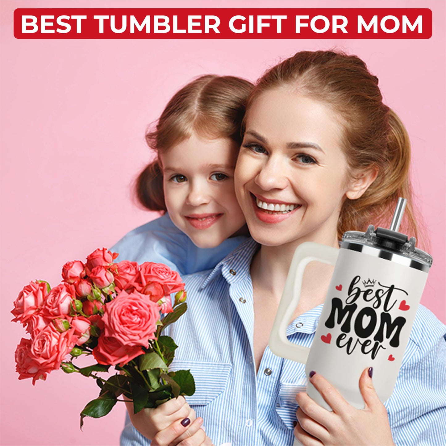Vivulla68 Best Mom Ever Tumbler With Handle 40oz, Mommy Coffee Mug, Mama Tumblers, Momma Gift Ideas, Funny Birthday Present For Her, Cute Mother Day Gift Tumbler, Mom Cup