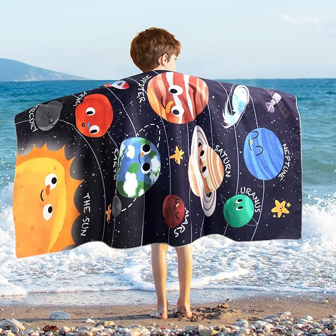 WERNNSAI Planet Kids Beach Towel for Boys - 30” x 60” Planet Sand Free Swim Towels for Boys Bath Pool Camping Travel Towel Quick Dry Ultra Absorbent Super Soft Beach Blanket Bath Shower Towel