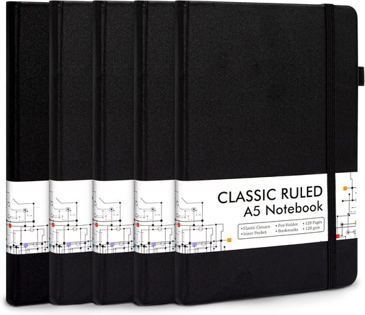 5 Pack Journal Notebook Bulk for School, Feela Hardcover Business Notebooks Classic Ruled Lined Journals with Pen Holder for Work Note Taking, with 5 Black Pens, 120 GSM, 5.1”x8.3”, A5, Black