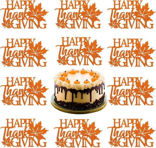 10Pcs Happy Thanksgiving Cake Toppers Glitter Maple Leaf Cupcake Toppers Fall Leaves Cake Topper for Thanksgiving Birthday Party Autumn Cake Decorations Supplies Orange