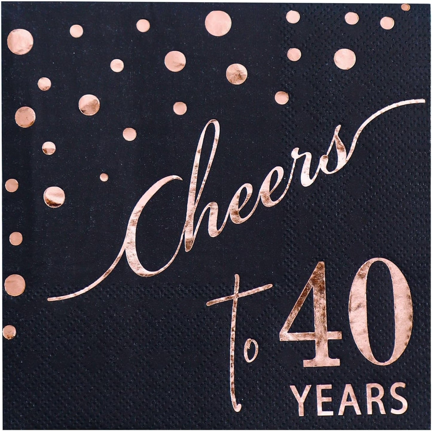 Rose Gold Cheers to 40th Cocktail Napkins Folded 5 x 5 Inches Disposable Party Napkins 3-Ply Paper Beverage Napkins for 40th Birthday Decorations, Wedding Anniversary, Retirement, Black (40 Years)