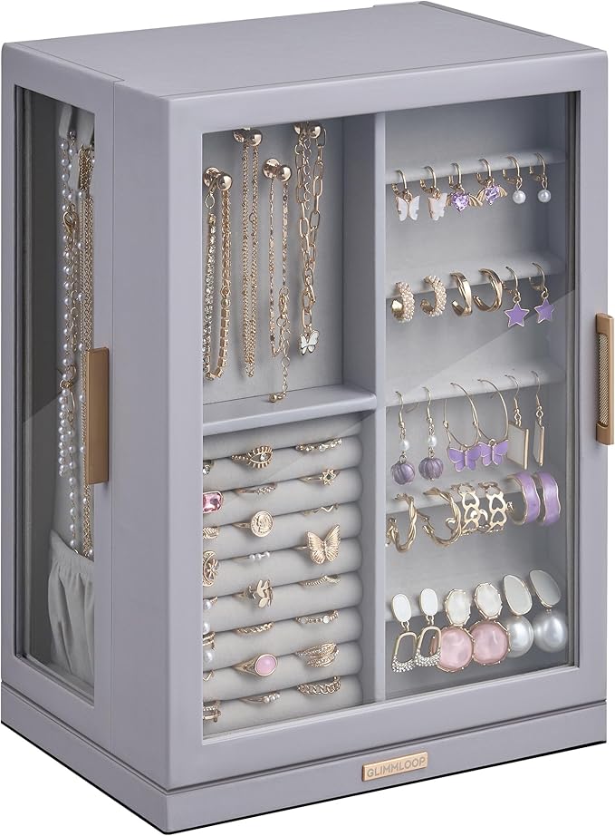 360Â° Rotating Jewelry Box with 7 Drawers, Spacious Vertical Jewelry Organizer with Glass Window, Jewelry Storage Case, Dustproof & Moisture-resistant Design, Grey