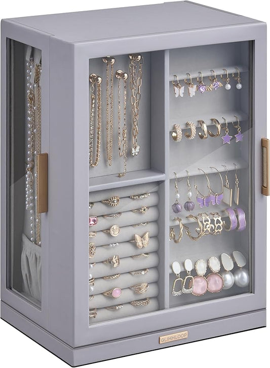 360Â° Rotating Jewelry Box with 7 Drawers, Spacious Vertical Jewelry Organizer with Glass Window, Jewelry Storage Case, Dustproof & Moisture-resistant Design, Grey