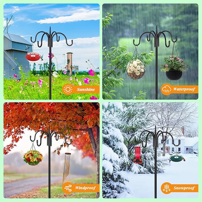 FEED GARDEN Heavy Duty Shepherds Hook 2 Pack 92" Four Hooks Adjustable (44/60/76/92") - Metal 5-Prong Base, 17lb Capacity - Easy Assembly Bird Feeder Pole for Hanging Planters, Lanterns, Wind Chimes