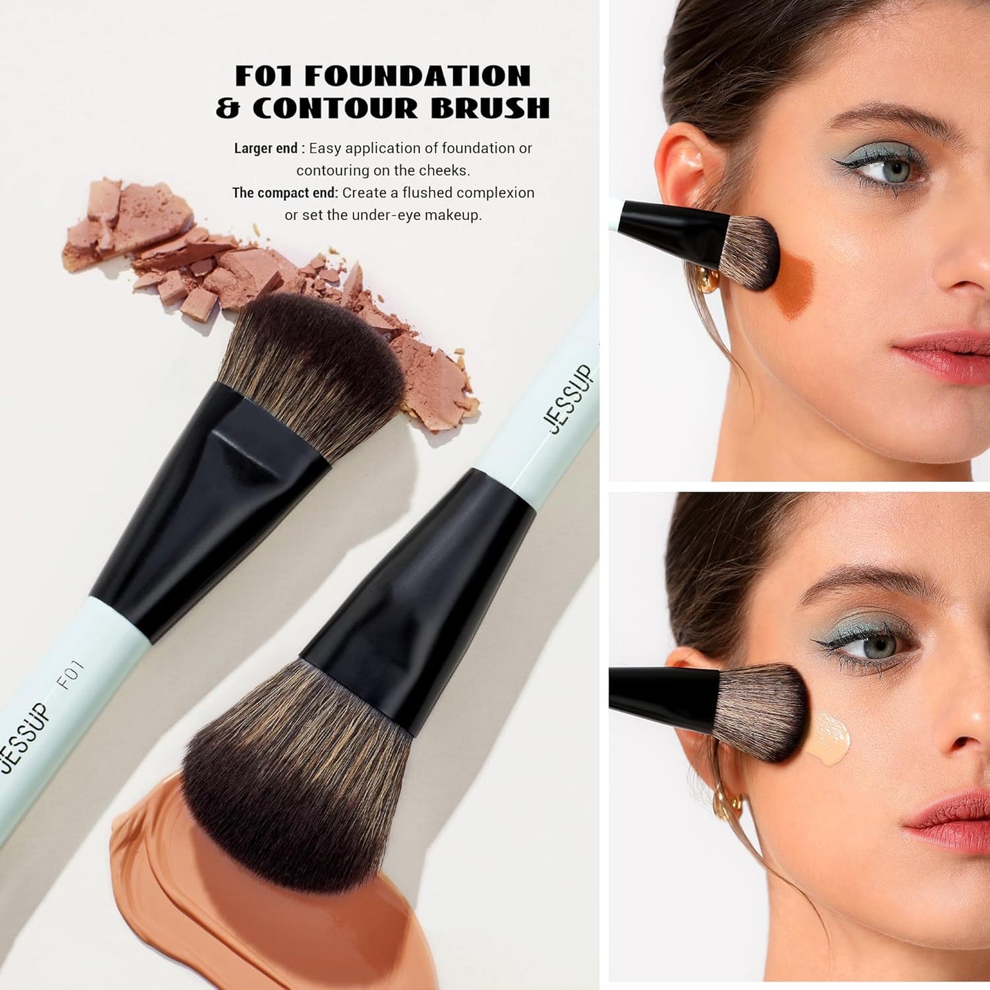Jessup Face Makeup Brushes Blue 3pcs Double Ended Makeup Brush for Foundation Contour Blush Highlight and Concealer Brush, Premium Synthetic Brush Set T503