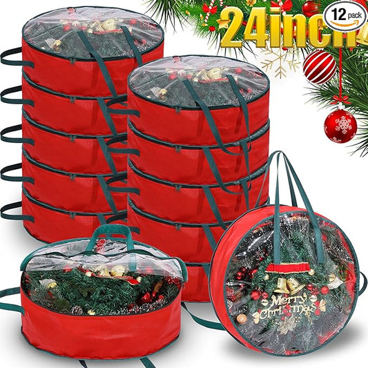 Shappy 12 Pcs Christmas Wreath Storage Bag Clear Wreath Box Wreath Storage Containers with Clear Window and Handle Christmas Garland Storage Containers for Xmas Holiday Seasonal Storage (24 Inch)