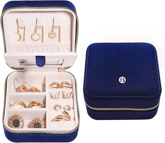 S.Leaf Travel Jewelry Organizer Boxes for Women Small Portable Necklace Earrings Bracelet Rings Travel Case Best Friend Birthday Gifts for Women Trendy (06_Suede_Touch_Navy)