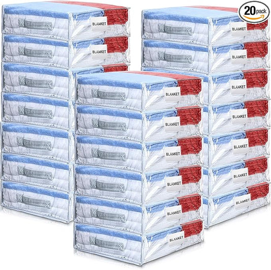 Kenning Set of 20 Clear Zippered Storage Bags for Sheet Organizer Plastic Sweater Bags with Handle Pocket Vinyl Bag for Bed Blanket Throw Pillow Toys(White,18 x 15 x 4 Inch)