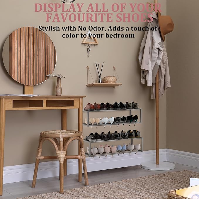 2 Pack Expandable Wall Mounted Shoe Rack, 17"-31" Adjustable Hanging Shoe Rack Holds 16 Pairs, Heavy Duty Metal Shoe Holder with 4 Storage Hooks, Space Saving for Entryway Closet Doorway（Grey）