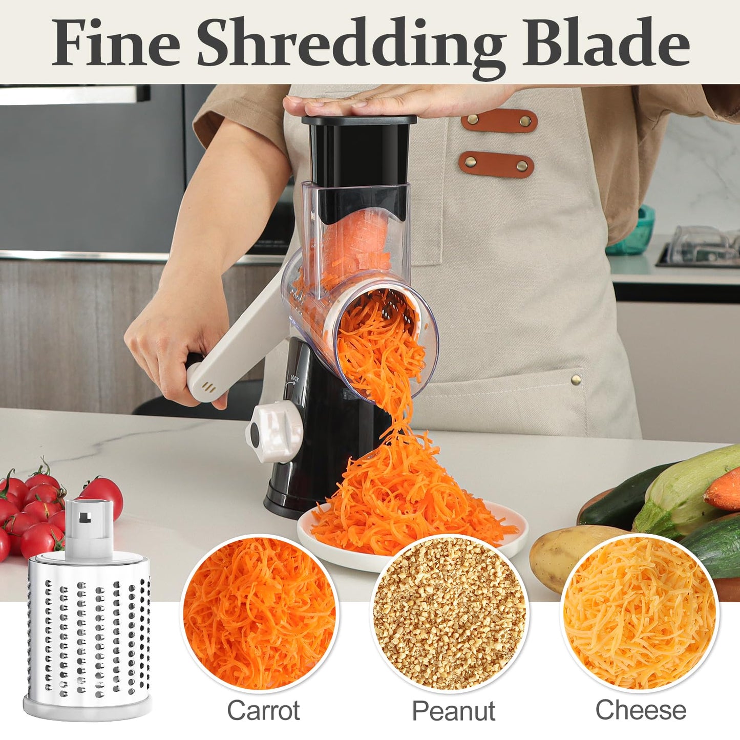 Cambom 5 in 1 Rotary Cheese Grater Hand Crank Cheese Shredder for Fresh Cheese, Vegetable, Nuts,Non-slip Suction Base, Black