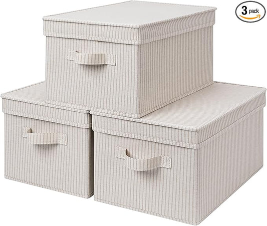 StorageWorks Storage Bins with Lids, Decorative Storage Boxes with Handles, Foldable Storage Baskets for Closet, Shelves, Stackable, Khaki Stripe, Large, 3-Pack