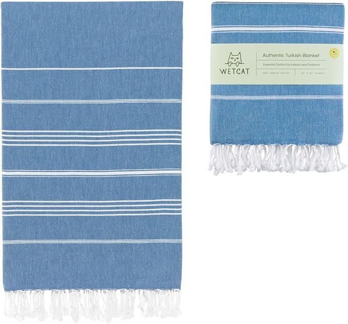 WETCAT Turkish Beach Blanket Sandproof (82"x82") 100% Turkish Cotton, Made in Turkey - Sand Free, Ultra Soft, Extra Large Throw for Picnic â Blue