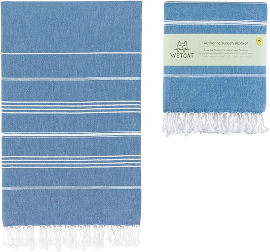 WETCAT Turkish Beach Blanket Sandproof (82"x82") 100% Turkish Cotton, Made in Turkey - Sand Free, Ultra Soft, Extra Large Throw for Picnic â Blue