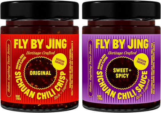 FLYBYJING Original + Sweet & Spicy Sichuan Chili Crisp Oil Duo: Premium Vegan Chili Sauces Good on Noodles, Proteins, Veggies & Everything - Spicy, Savory, Crunchy Hot Sauces, 6oz (Pack of 2)