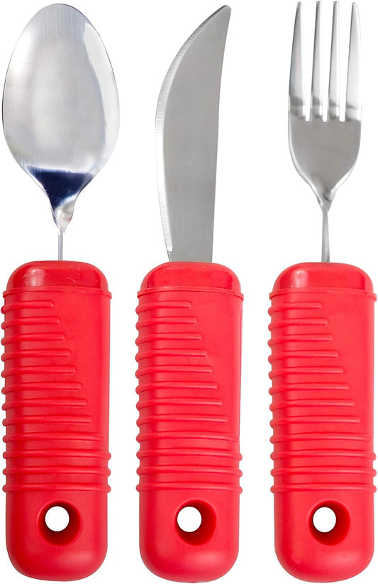 Essential Medical Supply Power of Red Adaptive Utensil Set - Bendable Fork, Spoon, and Rocker Knife with Large Soft Handles for Arthritis, Orthopedic Recover and Elderly Individuals