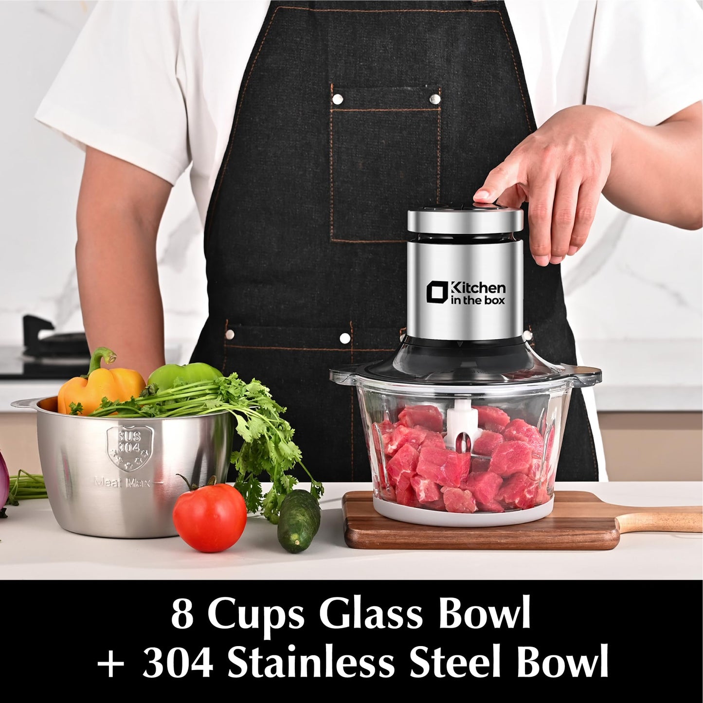 Kitchen in the box Food Processor, Electric Meat Grinder & Food Chopper with 400W Powerful Veggie Chopper-2 Bowls（8 Cup+8 Cup） & 2 Bi-Level Blades for Meat/Fish/Vegetable/Baby Food（Black Button）