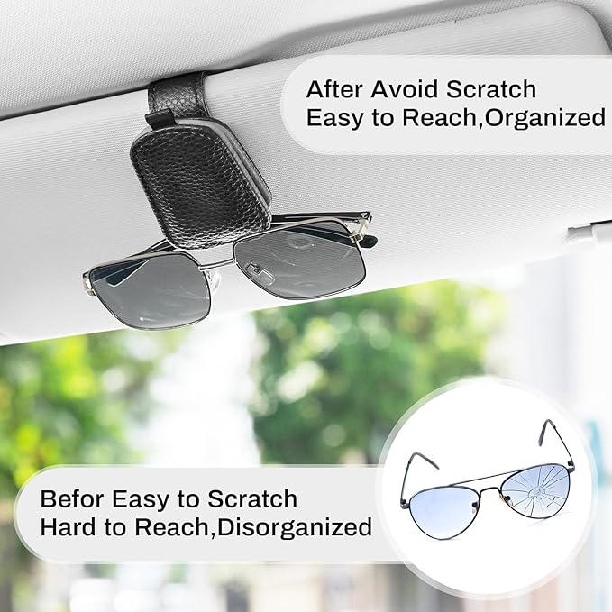SINGARO Sunglasses Holder for Car, Leather Magnetic Buckle Sun Visor Sunglass Clip, Ticket Card Storage Glasses Clip, Car Interior Accessories for Men and Women（2PCS Black-Gray）