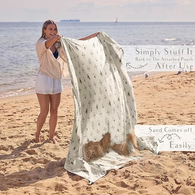 WEKAPO Beach Blanket Waterproof Sandproof Oversized Extra Large Sand Free Beach Mat with Stakes, Storage Bag - Essentials for Outdoor Beach, Picnic (Light Small Sea Turtle, 8 X 7 FT (1~4 Person))