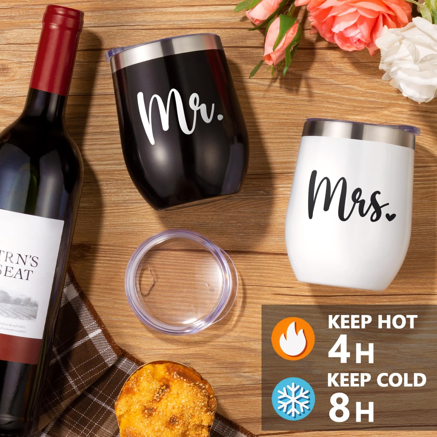 Wedding Gifts for Couples, Mr and Mrs Wine Tumblers Gifts - Engagement, Bridal Shower, Newlywed, His & Hers, Valentines Day, House Warming-Insulated Wine Cooler Tote Bag w/ Wines Accessories Gift Set