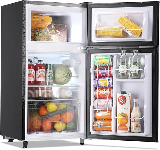 WANAI Mini Fridge with Freezer Two Doors Small Refrigerator with 7 Setting Adjustable Thermostat Crisper Drawer & Removable Shelves Extra Drink Space Low Noise Freezer-on-Top Refrigerator, Black