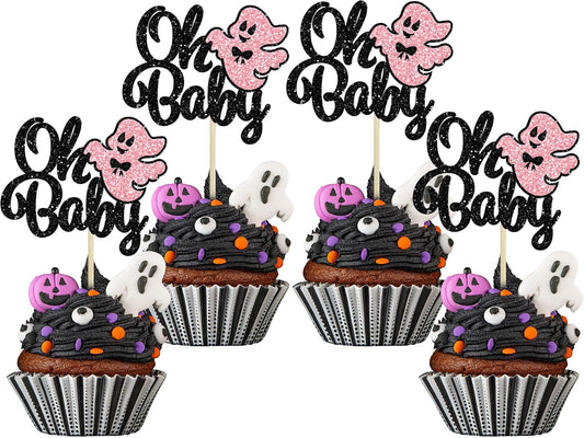 Gyufise 24Pcs Ghost Oh Baby Cupcake Toppers Glitter Bow Spooky Halloween Cupcake Pick Decorations for Halloween Theme Baby Shower Kids Birthday Party Supplies Black