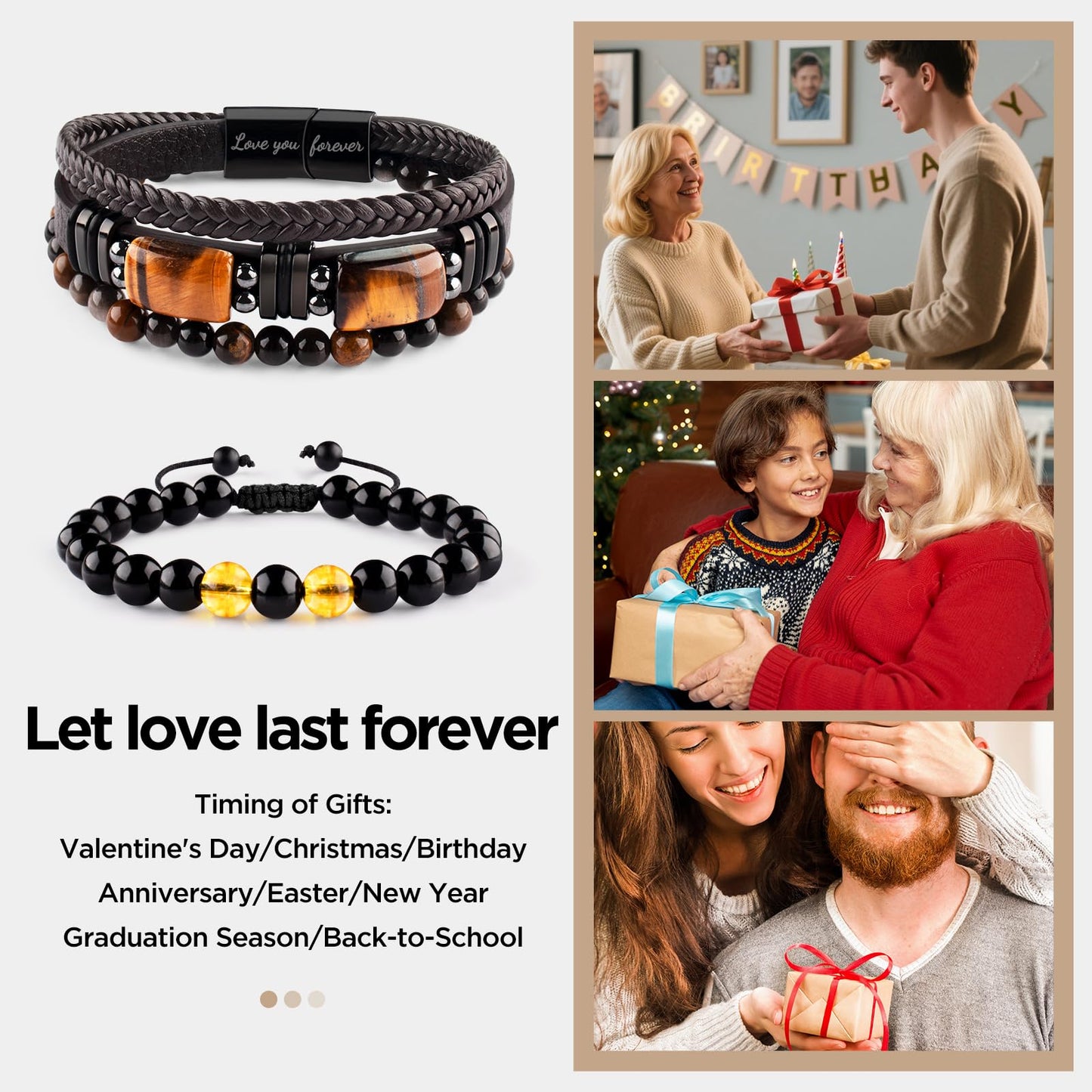 Leather Bracelets for Men Natural Tiger Eye Black Obsidian Healing Crystal Beaded Bracelets Set Birthday Christmas Commemorative Gifts for Dad Son Grandson Man Boyfriend Brother (Brown-To My Warriors)