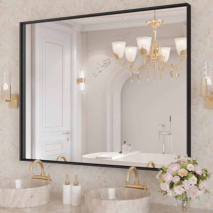LOAAO Black Bathroom Mirror 40"X36" for Wall, Rectangle Bathroom Vanity Mirror, Tempered Glass, Hangs Vertically or Horizontally, Easy to Install, Modern Design
