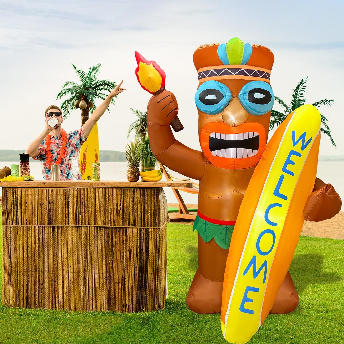 6FT Tiki Inflatable Party Decoration Flamingo Surfboard Luau Hawaiian LED Lighted Inflatables Outdoor Tiki Blow Up Summer Decor for Aloha Beach Tropical Pool Yard Party Supplies Favors