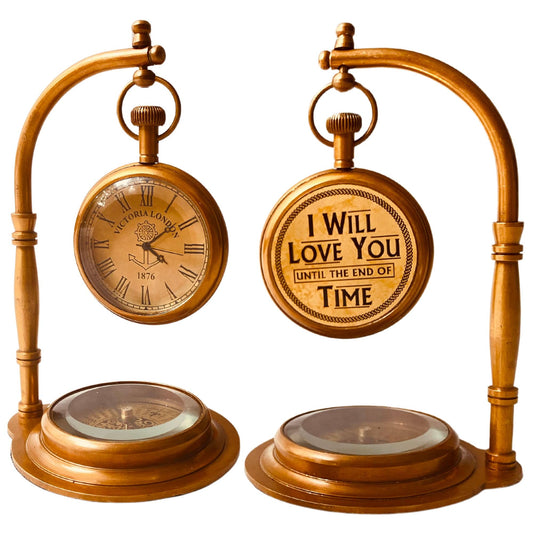 ALADEAN Brass Table Clock with Compass | Romantic Desk Clock - Decorative Vintage Mechanical Clock Lovers Boyfriend/Husband Birthday/Wedding Gifts (Love You)