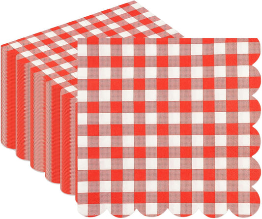 50PCS Red Scalloped Gingham Paper Napkins - Red and White Striped Luncheon Napkin, Checkered Dessert Napkins, Disposable Decorations Supplies for Birthday Baby Shower Wedding Party