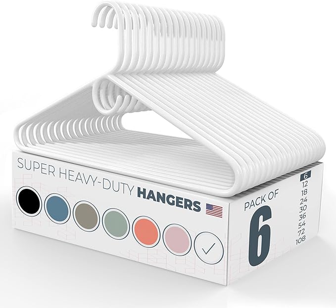 Neaties Super Heavy Duty Clothes Hangers 6 Pack â Made in The USA - 10lb Capacity, Thick Plastic Hangers for Pants, Coats, Jackets, Jeans and Adult Clothing â White
