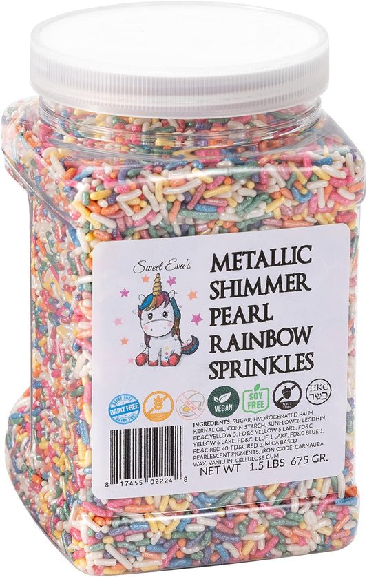 Sweet Eva’s METALLIC SHIMMER PEARL RAINBOW SPRINKLES-Dairy Free,Gluten-free,Egg Free,Vegan,Soy Free,Nuts Free,Kosher,Cookies,Cupcakes,Cake Topper,Jimmies,Large,Bulk Candy,1.5 LBS Large,1.5 Pound