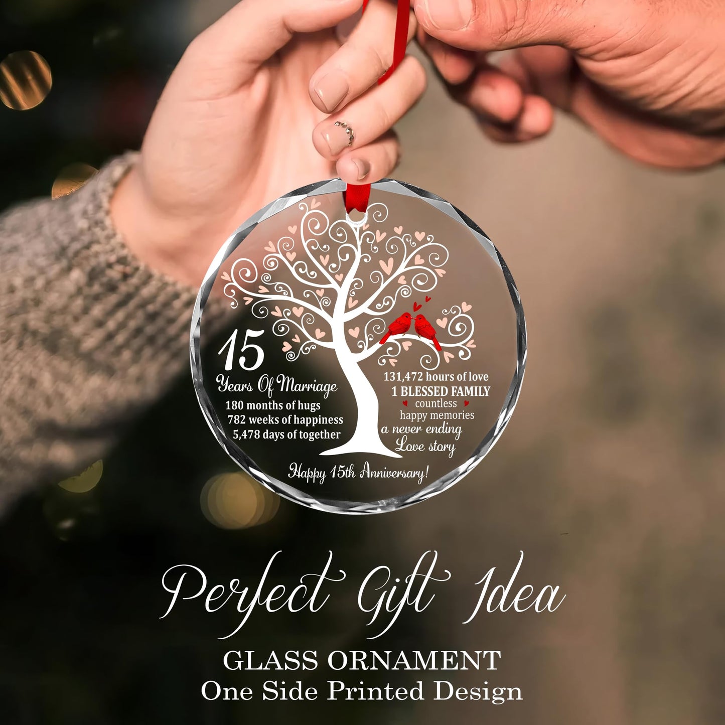 Bozspacer 15th Wedding Anniversary Ornament for Parents Couple Wife Husband - Crystal Anniversary Wedding Gift Ideas - Glass Ornament for 15 Years Marriage