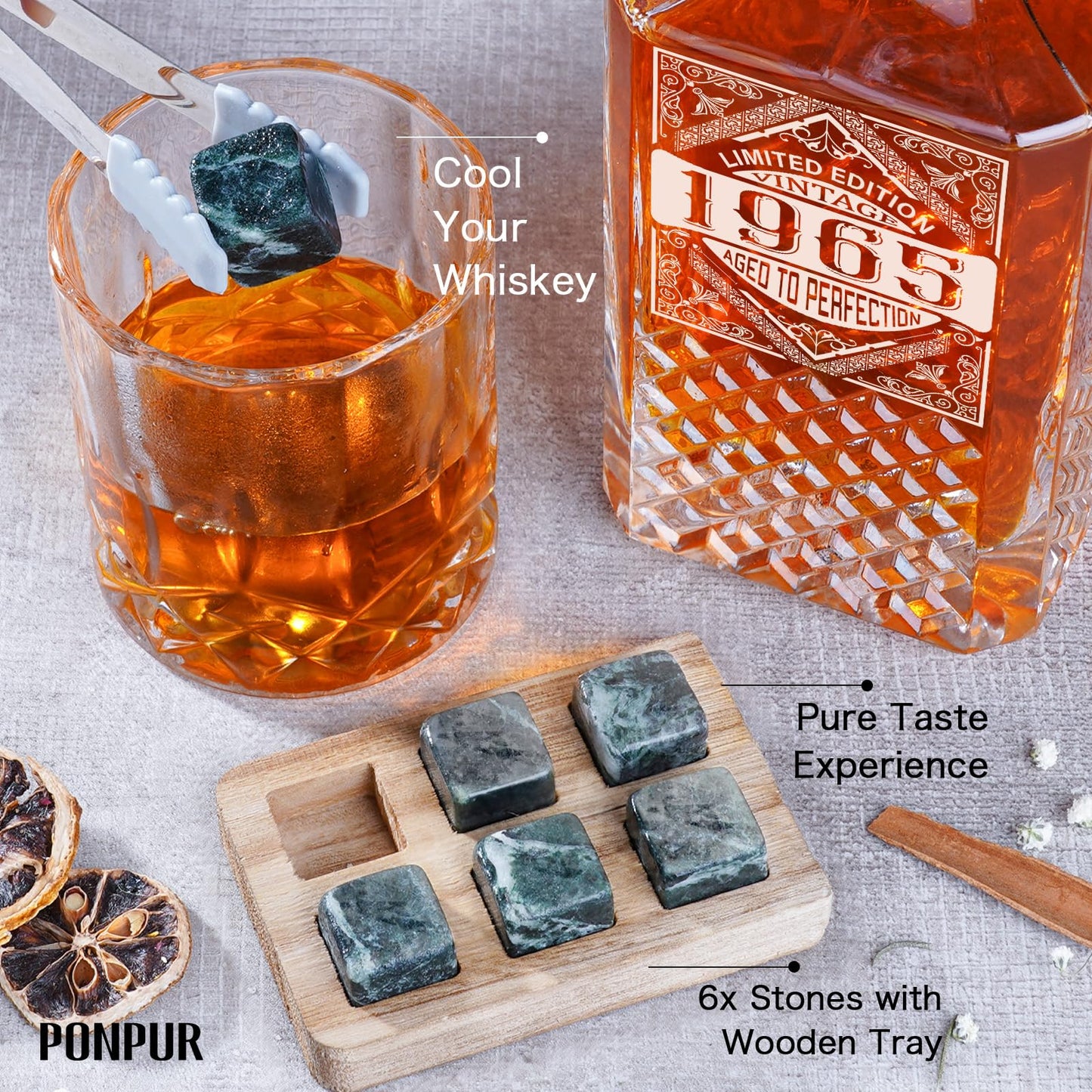 PONPUR 1965 60th Birthday Gifts For Men Dad, 1965 Laser Whiskey Decanter Set with Gift Box, Anniversary Bday Gift Ideas for Him Husband, 60 Years Decorations, Whiskey Glasses & Whisky Stones Inc.