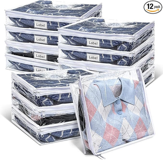 Hoolerry 12 Pcs Clear Zippered Storage Bags Pvc Sweater Sheet Organizer Plastic Sheet Storage Sweater Bags With Zipper And Label Pocket Container For Clothes Closet Linen Pillow(16 x 14 x 4 Inch)