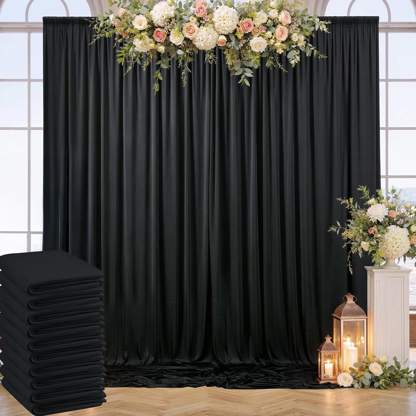 50ft x 10ft Wrinkle Free Black Backdrop Curtain for Parties, 10 Panels Silky Polyester Black Weddings Drapes for Backdrop 10 ft Photo Back Drop Cloth for Birthday Graduation Photography Background