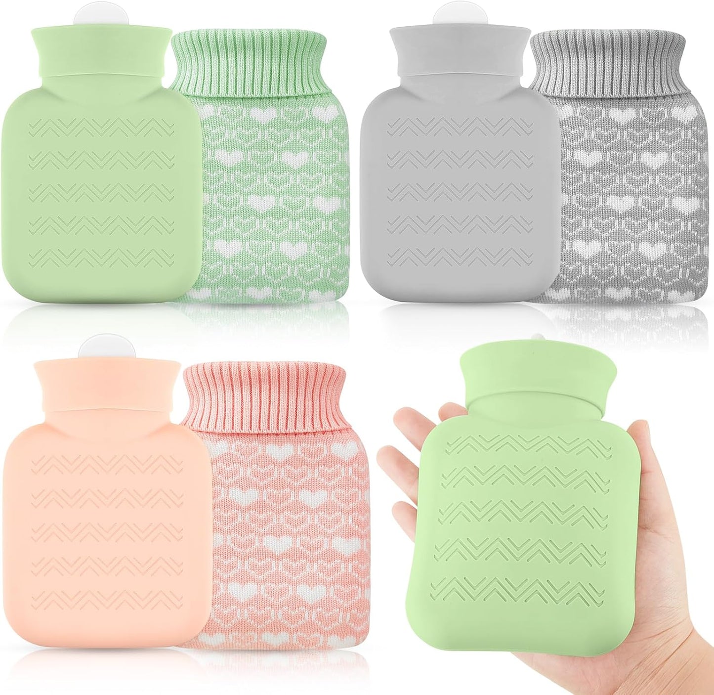 Amylove 3 Pcs Mini Hot Water Bottle with Knitted Cover 320ml, Mother's Gift Water Bag for Women, Microwave Heating Bottle for Pain Relief Menstrual Cramps Travel(Gray, Pink, Green,Heart Print)
