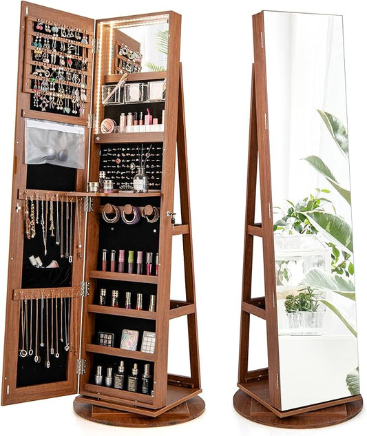 CHARMAID 360Â° Swivel Jewelry Armoire with Full Length Mirror, Rear Storage Shelves, Lockable Standing Jewelry Cabinet Organizer with Interior Vanity Mirror and 3-Color Lights (Walnut)